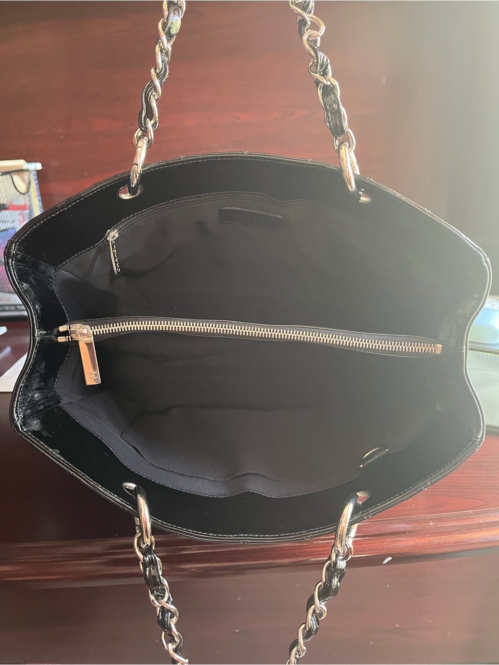 CHANEL Black Quilted Patent Leather Tote with Chain Straps - Picture 5 of 10